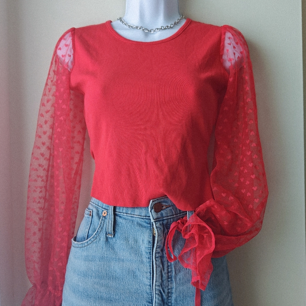 Pink Lily Red Puff Heart Sheer Sleeve Crop Blouse Valentines